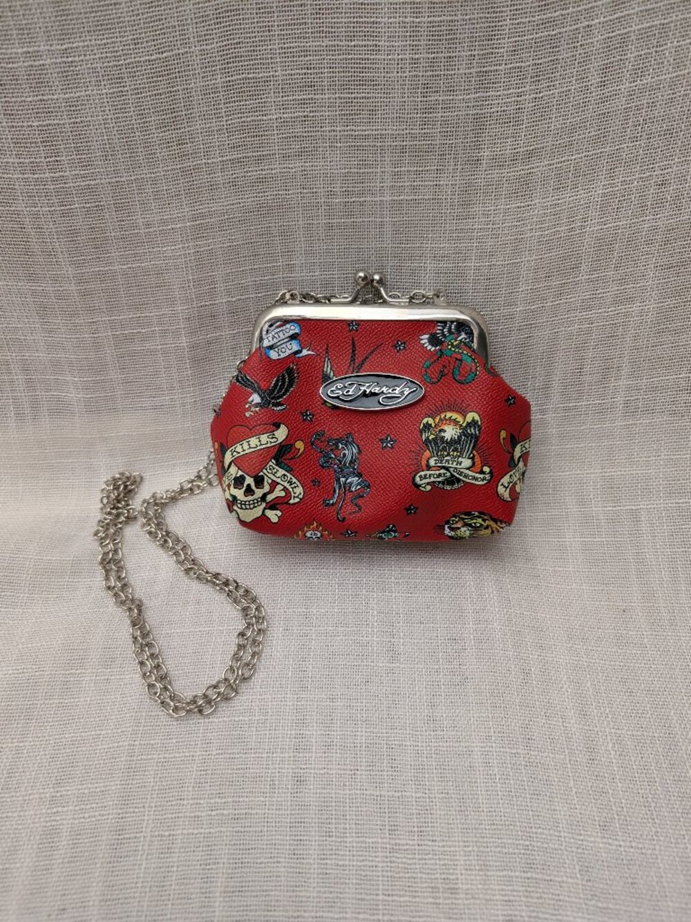 Ed Hardy Red Tattoo-Print Kiss-Lock Coin Purse